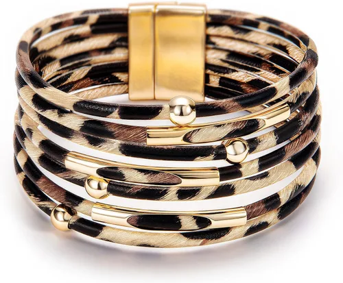Vista 36 de Fesciory - Pulsera de leopardo para mujer, estilo bohemio de cuero multicapa con perlas de cristal