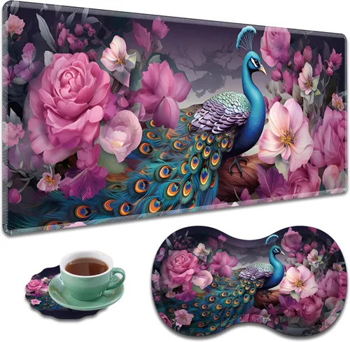 Vista 23 de Alfombrilla de mouse grande para juegos + reposamuñecas + posavasos combinados, 31.5 x 11.8 pulgadas, tapete de extensión antideslizante duradero