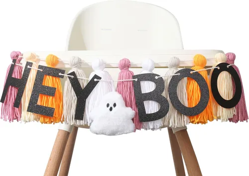 Vista 6 de Hey Boo - Pancarta con borlas de fantasma, pancarta de borla de fantasma para Halloween, decoración del hogar de Halloween, pancarta de fantasma