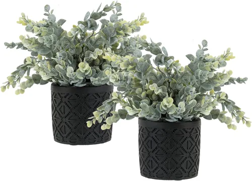 Vista 14 de MyGift Planta artificial de eucalipto en macetas modernas de hormigón gris con patrón geométrico en relieve (1, negro)