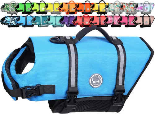 Vista 29 de VIVAGLORY Chaleco salvavidas para perros Rip Stop, chaleco de natación con asa, flotabilidad para perritos cachorros, chaleco salvavidas para perros