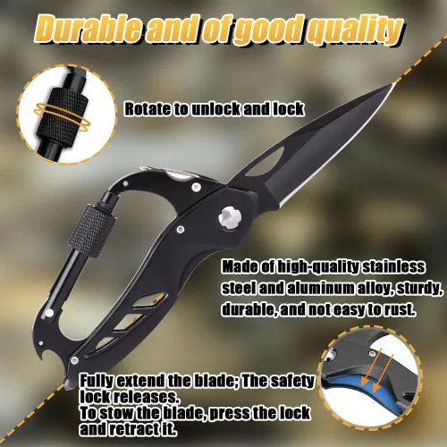 Vista 4 de Mosquetón multiherramienta con cuchillo de bolsillo, mosquetón EDC con cuchillos plegables, equipo de supervivencia para camping, senderismo
