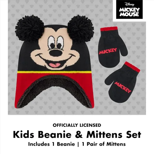 Vista 2 de Disney Conjunto de gorro y manoplas de invierno para niños, gorro de Mickey Mouse para niños de 2 a 4 años Negro