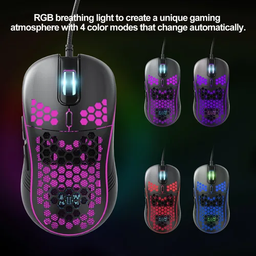 Vista 5 de Mouse para juegos con cable, mouse USB ligero de panal, mouse RGB para juegos de alta precisión ajustable 7200 DPI Plug Play, AVMTON 6 botones