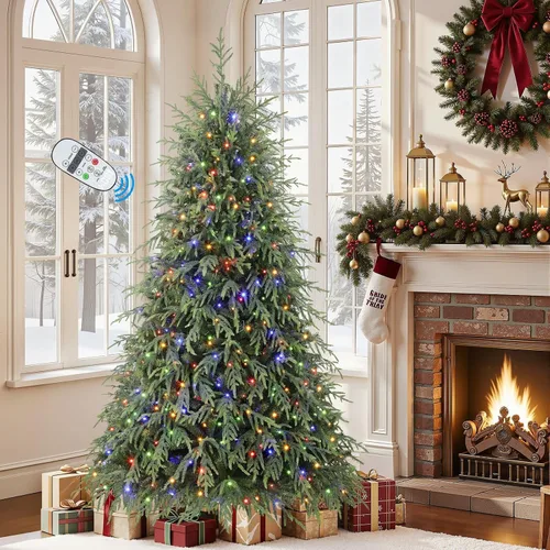 Vista 9 de SHareconn Árbol de Navidad artificial de pino Norfolk preiluminado de 4 pies con bisagras y control remoto, 450 luces LED multicolores preiluminadas