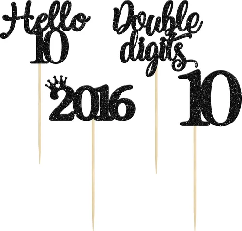 Vista 7 de Gyufise Paquete de 24 adornos negros para cupcakes de 10.º cumpleaños con purpurina negra 10 Ten Hello 10 Dights dobles desde 2015 para decoraciones