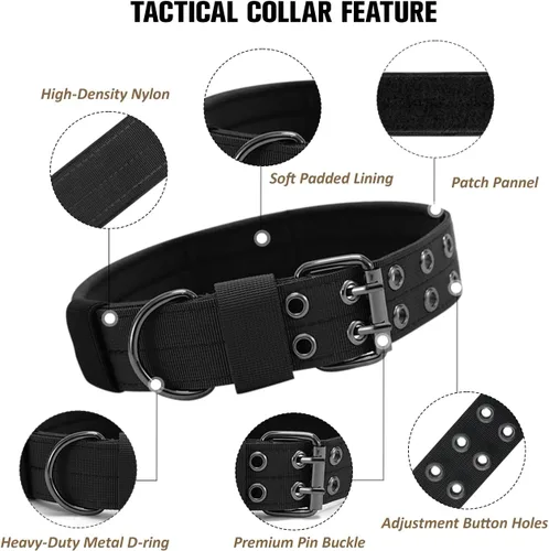 Vista 4 de Collar táctico para perro, collar militar ajustable para perro, collar de entrenamiento de nailon suave con parche, collares de hebilla de metal