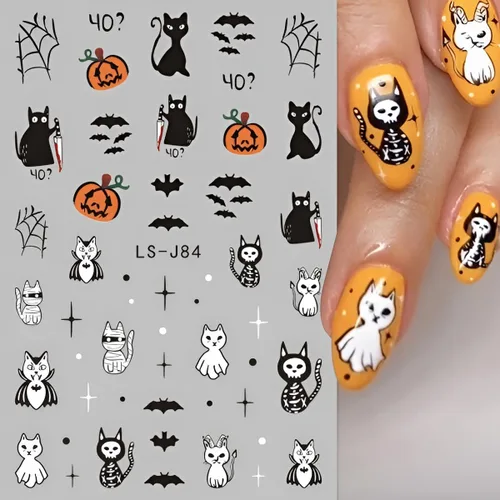 Vista 4 de 6 hojas de calcomanías de arte de uñas de Halloween, lindas calcomanías de fantasma, 3D, autoadhesivas, telaraña, murciélago, calabaza, decoración
