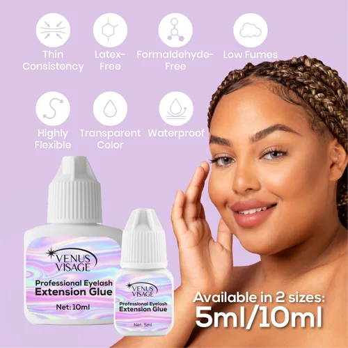 Vista 4 de Venus Visage Pegamento transparente para pestañas, pegamento profesional para extensiones de pestañas a largo plazo, sin látex adhesivo de secado