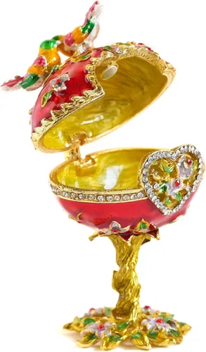 Vista 3 de Estilo vintage pintado a mano amor pájaro Faberge huevo Rhinestone Jewerly baratija caja, Esmalte