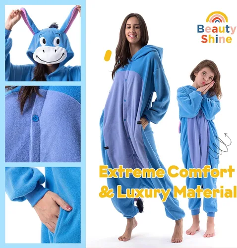 Vista 3 de Beauty Shine Disfraz unisex de dibujos animados para adultos, para Halloween, Navidad, pijama, mameluco de felpa para cosplay