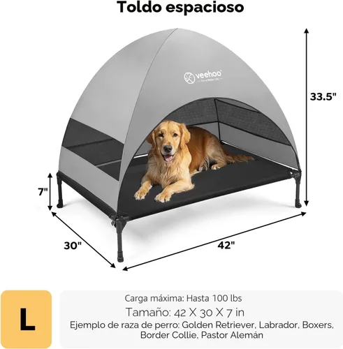 Vista 4 de Cama para Perros al Aire Libre Veehoo con Toldo, Catre Elevado Refrescante para Mascotas con Sombra Removible, Patas Antideslizantes, Catre Elevado