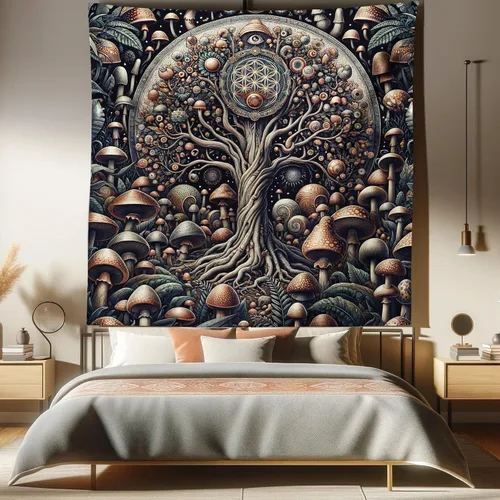 Vista 151 de Ambesonne Tapiz hippie, abrazo de hongos de ensueño y árbol de la vida místico y mandal verde, decoración de tela para colgar en la pared