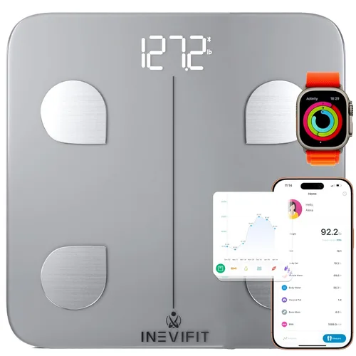Vista 7 de INEVIFIT Báscula inteligente de grasa corporal, analizador digital de composición corporal de baño Bluetooth de alta precisión, mide peso, grasa