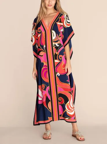 Vista 4 de Cashew Flower Silk Caftan Women Vneck beach Cover up Caftans Loose Plus Size Floral Print Side Split Kaftan Dresses