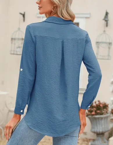 Vista 42 de Odosalii - Camisas con botones para mujer, con cuello en V, manga larga, enrolladas, blusas elegantes y formales para negocios y ocasiones casuales