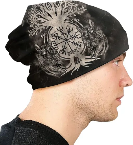 Vista 4 de MaoPInG Vegvisir Yggdrasil Crow Fenrir Wolf Tree of Life Beanie Hat Fall Women's Warm Beanie Dual Casual Hat Sombrero Sombrero de senderismo