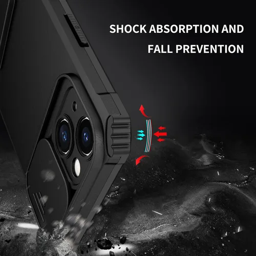 Vista 4 de Funda para iPhone 15 con funda para cámara deslizante, protector de silicona TPU resistente PC Etui iPhone 15 con soporte integrado, funda Negro