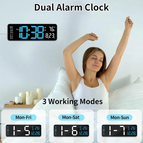Vista 7 de Reloj de pared digital LED grande de 16.5 pulgadas con brillo automático, retroiluminación RGB, alarma doble, pantalla de temperatura y humedad