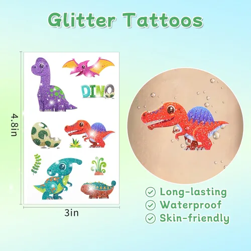 Vista 3 de Ozepao Tatuajes temporales con purpurina de dinosaurio para niños, 160 estilos, recuerdos de fiesta de dinosaurio, suministros de fiesta