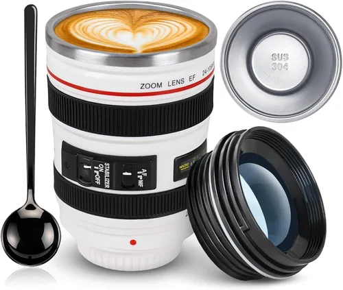 Vista 9 de Taza de café con lente de cámara, a prueba de fugas, 13.5 onzas, SUS-304, taza de viaje de acero inoxidable con cuchara, sin BPA, tapa para Negro