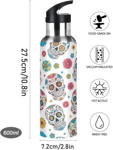 Vista 9 de BPA-Free Sport Water Bottle 32 Oz, Insulated Stainless Steel Water Bottle with Straw for Gym Outdoor Travel School, Colorful Skulls Floral