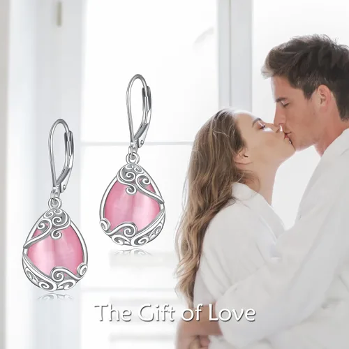 Vista 13 de Aretes colgantes con forma de lágrima de filigrana de piedra lunar de plata de ley 925 con cierre de palanca para mujer, regalos de joyería