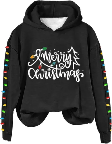 Vista 2 de Sudadera de manga larga con capucha para mujer, sin cremallera, con texto en inglés "Merry Christmas", holgada, plisada, informal, para otoño