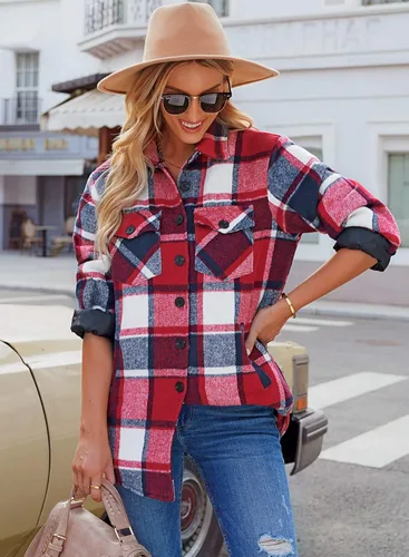 Vista 8 de GRAPENT Chaqueta acolchada con botones a cuadros de gran tamaño para mujer