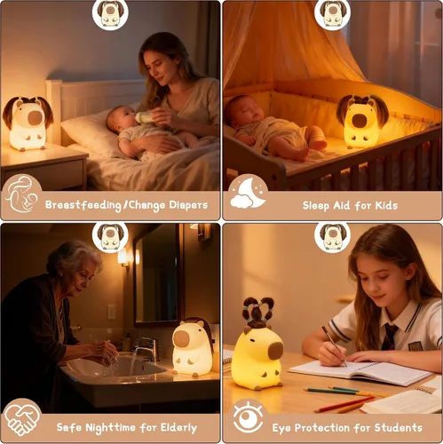 Vista 6 de Linda luz nocturna de capybara con peinado DIY, lámpara de silicona esponjosa, luz nocturna para habitación infantil, lámpara de mesita recargable