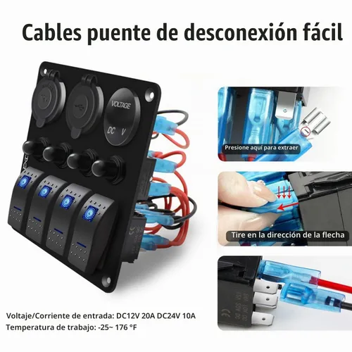 Vista 6 de FXC Panel de interruptor basculante azul de barco marino impermeable de 4 vías con enchufe USB QC3.0 y ranura tipo C + encendedor de cigarrillos +