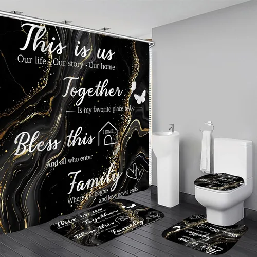 Vista 9 de Juego de cortinas de ducha familiares AZHM Negro para baño con cortina de ducha y alfombras y accesorios Decoración de baño con cortina y 12 ganchos