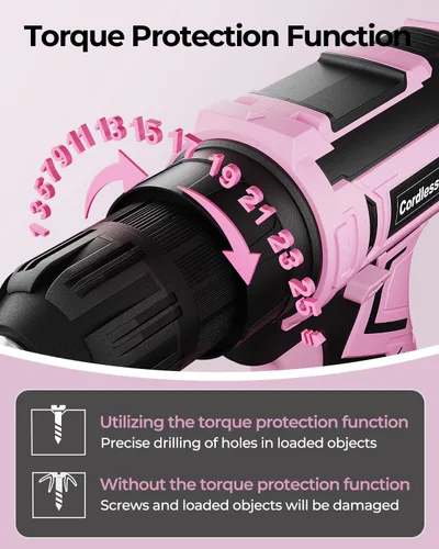 Vista 6 de Juego de taladro inalámbrico rosa, taladro eléctrico de 20 V para mujer, destornillador eléctrico ligero con paquete de energía y cargador