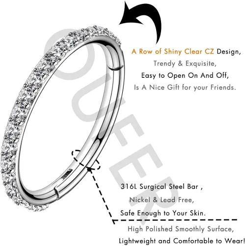 Vista 4 de OUFER - Aretes para nariz de acero quirúrgico para cartílago tragus de acero inoxidable 316L aretes para la hélice y cartílago 14G 16G 18G 20G aro