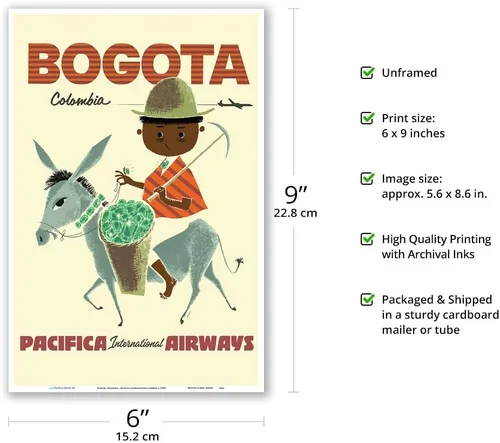 Vista 2 de Sokoloff c.1950s - Bogotá Colombia - Pacifica International Airways - Andes Boy with Colombian Emeralds - Póster vintage de viaje de aerolínea por