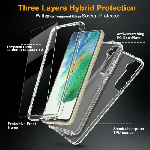 Vista 2 de KIOMY Funda transparente para Samsung Galaxy S21 FE 5G a prueba de golpes, carcasa rígida + parachoques de TPU flexible, 3 capas en 1 con 2 paquetes