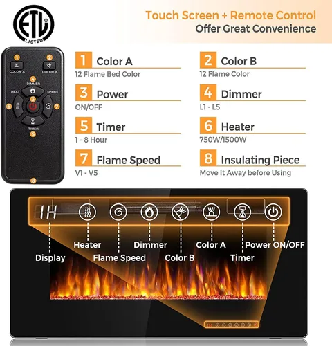 Vista 5 de Topment Chimenea eléctrica empotrada y montada en la pared con color y velocidad de llama ajustables, control remoto y táctil con temporizador, bajo