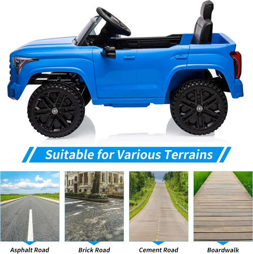 Vista 6 de Auto de paseo de 12 V para niños, camión Toyota con licencia, automóvil eléctrico a batería con música, luces LED, sistema de suspensión, puertas