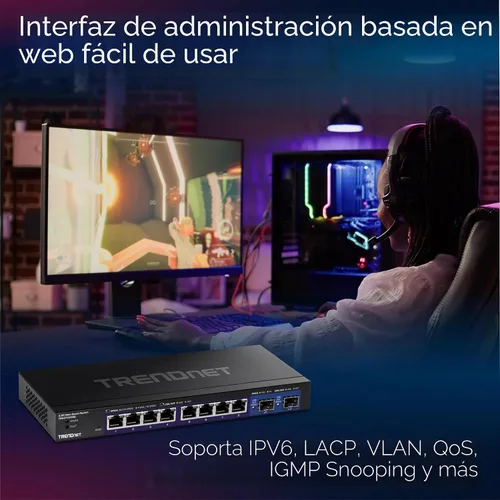 Vista 6 de TRENDnet Conmutador Web Inteligente Multi-Gig de 10 Puertos, TEG-3102WS, 8 Puertos 2.5GBASE-T, 2 Ranuras SFP+ de 10G, Divisor Ethernet, Carcasa