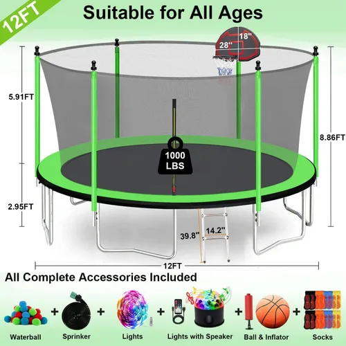 Vista 7 de Trampolín de 10 pies, 12 pies, 14 pies, 15 pies, 16 pies, para niños y adultos, trampolín al aire libre de 1500 libras con aro de baloncesto, red