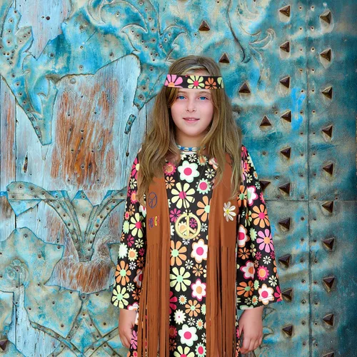 Vista 4 de Haysandy Conjunto de disfraz hippie para niños, vestido hippie de los años 60 y 70, signo de la paz, accesorios de fiesta para carnaval, Halloween