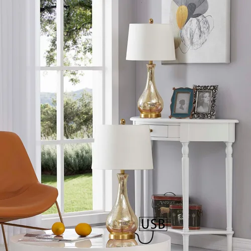 Vista 5 de Maxax Juego de 2 lámparas de mesa de cristal para sala de estar, lámparas de noche doradas de 26 pulgadas con puertos USB, lámparas de vidrio