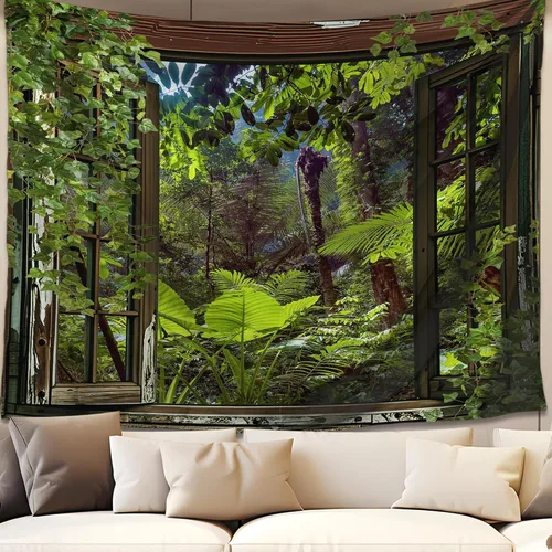 Vista 18 de QGHOT Tapiz de bosque brumoso, tapiz de montaña natural para colgar en la pared, paisaje de acuarela verde salvia, arte de pared para dormitorio