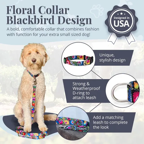 Vista 2 de Lucky Love Dog - Collar para perras pequeñas, diseño Blackbird de estampado alegre con flores de primavera y verano, talla XS Collar Blackbird