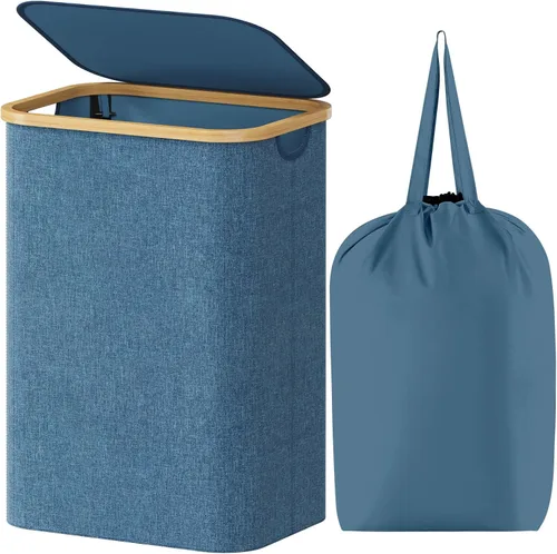 Vista 32 de Lifewit Cesta de lavandería de 80 litros con tapa, cestas de ropa para lavandería con asas de bambú y una bolsa de lavandería extraíble, cesta Beige