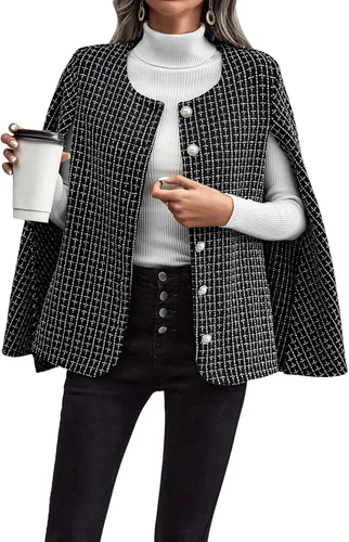 Vista 3 de WDIRARA Chaqueta con estampado a cuadros para mujer, cuello redondo, botones frontales, chaqueta tipo capa