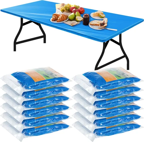 Vista 13 de Boao 12 piezas de manteles de plástico desechables para mesas con borde elástico ajustable, manteles rectangulares impermeables para mesas de Azul