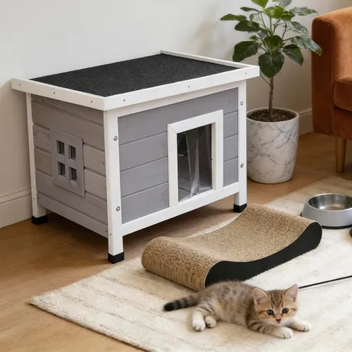Vista 2 de Casa de madera maciza para gatos y perros, cabaña para mascotas al aire libre para conejos, gatitos y perros pequeños, cortina resistente al viento