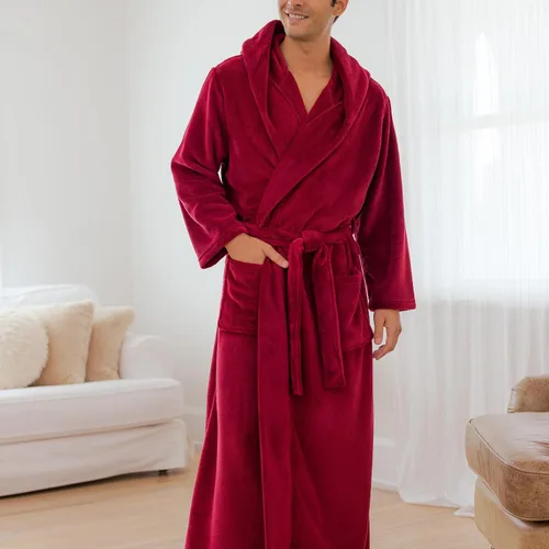 Vista 2 de Alexander Del Rossa Bata de baño de vellón suave con capucha para hombre, bata larga y cálida con capucha