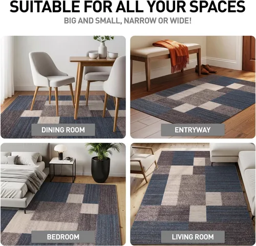 Vista 4 de Rugshop Alfombra Contemporánea Azul con Cajas Geométricas Antideslizante y sin Desprendimiento para Sala de Estar, Comedor y Oficina, 20" x 30